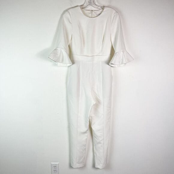 Black Halo NWOT Brooklyn Elbow Length Ruffle Sleeve Jumpsuit White Size 2 - Picture 2 of 8